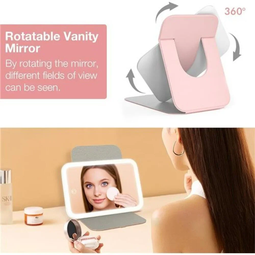 LED Lighted Travel Makeup Mirror Rechargeable Dimmable Portable Vanity Pink